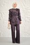 Women's Lapel Collar and Cuffed Sleeves Belted Tie-Dye Jeans Suit in Plum Color