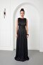 Women's Black Crew Neck Pleated Long Event Dress - 2
