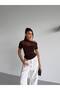 Women's Bitter Brown Front Tulle Boat Neck Short Sleeve Sandy Fabric Blouse - 4
