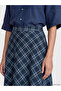 Navy Blue Elastic Waist Plaid Flared Skirt