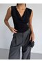 Women's Black Zero Sleeve Draped Front Sandy Fabric Blouse