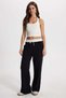Women's Relax Fit Comfortable Cut, Lace-Up Waist, Elastic Stripe Detail, Double Pockets, Black Trousers - 3