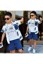 Boy's 3-Piece Summer Shorts Set – Patterned Shirt, Printed Undershirt and Shorts Combination 11733 Blue - 2