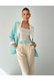 Contrast Color Garnished Blazer Jacket Palazzo Trousers Cream - Water Green Women's Suit - 3