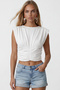 Women's white crew neck blouse with drape detail and padded shoulders - sandy - alc-x15485 - 3