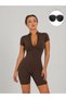 Women's Brown Swimsuit with Shorts, Chest Pad, Short Sleeves, Zipper - 5