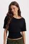 Women's Regular Fit Classic Cut Short Batwing Sleeve Gathered Waist Black T-Shirt Blouse - 7