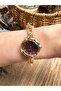 Round Design Chain Model Gold Inside Burgundy Women's Wristwatch