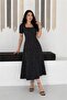 Women's Black Polka Dot Pattern Short Sleeve Square Neck Midi Length Dress --- Nbk081 - 3