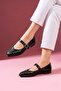 Vasto Black Wrinkled Patent Leather Pointed Toe Ballerinas with Trok Studs and Gold Buckle