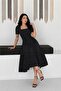 Women's Black Polka Dot Pattern Short Sleeve Square Neck Midi Length Dress --- Nbk081 - 2