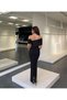 Boat Neckline, Chest Detail, Slit Maxi Evening Dress 583399 Black - 2
