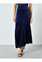 Dark Blue Velvet Look Asymmetric Midi Skirt - 2
