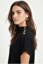 Women's Rachel Modal Gold Button Detailed Bat Sleeve High Neck Knitted Black Blouse - 3
