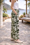 Women's Khaki High Waist Elastic Wide Leg Viscose Leaf Patterned Pocketed Trousers - 4