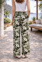 Women's Khaki High Waist Elastic Wide Leg Viscose Leaf Patterned Pocketed Trousers - 5