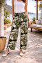 Women's Khaki High Waist Elastic Wide Leg Viscose Leaf Patterned Pocketed Trousers - 3