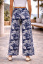 Women's Blue High Waist Elastic Wide Leg Viscose Leaf Patterned Pocketed Trousers - 5