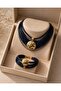 Navy Blue Multi-Layered Leather Cord Gold Medallion Necklace Bracelet Set - 2