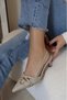 Move Pointed Toe Encapsulated Strap Detailed Short Kitten Heel Women's Shoes Beige Skin