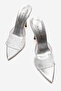 Women's Pointed Toe Thin Heeled Transparent Strap Slippers Sona Silver Wrinkled - 5