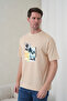 Men's Surf and Palm Tree Printed California Themed Round Neck Beige T-Shirt - 4