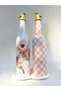 750 ml Pink Floral and Pink Checkered Decorative Glass Oil Pot Set of 2 – with Gold Lid and Stone Presentation Stand