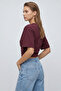 Women's Burgundy Waist-Hugging Basic Wide Sleeve Crop Blouse - 3