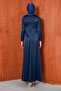 Navy Blue Floral Detailed Satin Evening Dress - 5
