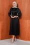 Black Rose Belt Detailed Balloon Sleeve Satin Evening Dress - 3