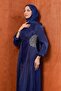 Navy Blue Evening Dress with Elastic Sleeves and Stone Detail - 2