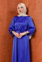 Cobalt Blue Rose Belt Detailed Balloon Sleeve Satin Evening Dress - 2
