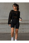 Women's Perforated Openwork Crop Boat Neck Black Knitwear Blouse - 5