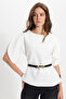 Women's Slim Fit Tight-Fitting Short Bat Sleeve Thin Belted Zippered White Blouse Shirt - 7
