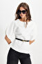 Women's Slim Fit Tight-Fitting Short Bat Sleeve Thin Belted Zippered White Blouse Shirt - 8