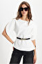 Women's Slim Fit Tight-Fitting Short Bat Sleeve Thin Belted Zippered White Blouse Shirt