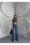 Blue Wide Leg Belt Button Front Pockets Jeans Pants - 2