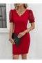 Women's Short Sleeve Lace V-Neck Imported Crepe Dress with Shirred Cross Detail on the Sides - 2