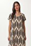 Patterned Draped Summer Viscose Dress Lrn0040 Ecru Black - 3