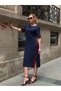 Women's Navy Blue Round Neck Red Striped Midi Dress with Side Slit Detail