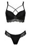 Black Cross-Striped Lace Support Bra Set with Stone Detail - 3