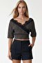 Women's black polka dot front back v-neck lace detailed knitted blouse alc-x15407