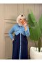 Women's 2-Piece Tunic Suit with Denim Pants Two Yarns Cotton Modern Design N-05511 _ Navy Blue - 2
