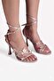 Women's Satin Heeled Shoes with Leaf Detail, Ankle Strap and Thin Straps, Leifa Beige - 2