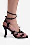 Women's Satin Heeled Shoes with Leaf Detail, Ankle Strap, Thin Straps, Leifa Black