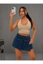 Women's High Waist Denim Mini Skirt Shorts Double Button Pocket Detailed Navy Blue