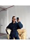 Dark Navy Blue Tie-Dye Denim Set Ovarize Jacket and High-Waisted Trousers