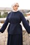 Navy Blue Skirt Suit with Lace Detail - 3