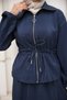 Navy Blue Zippered Jacket, Cargo Pocket Skirt Set - 2