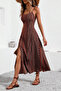 New Season Women's Rope Strap Wide V-Neck Patterned Slit Single Jersey Midi Dress - 3